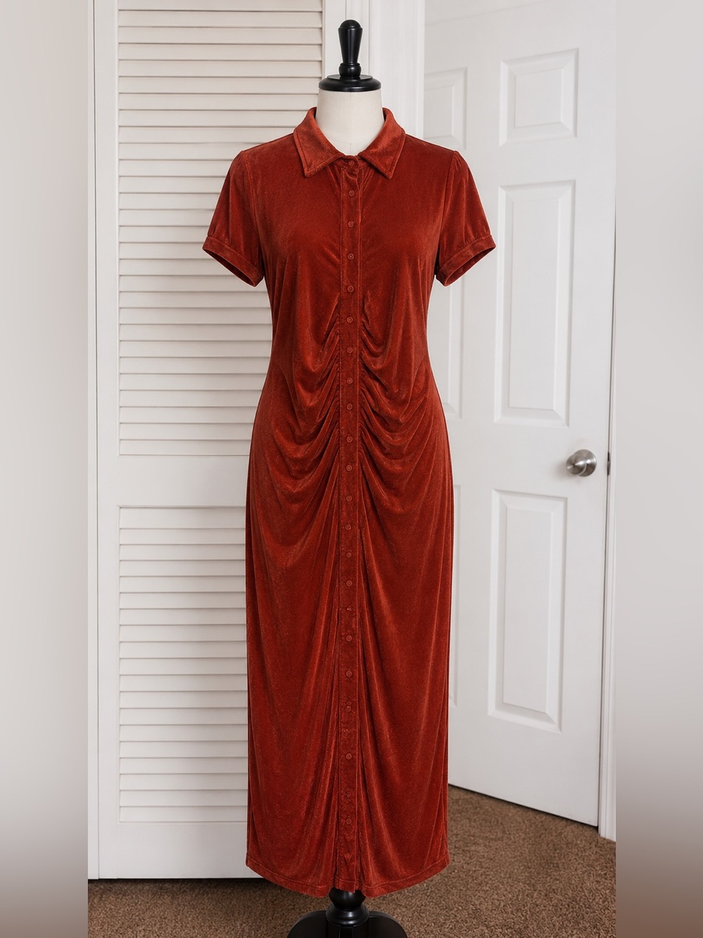 Fashion Nova Rust Velvet Button-Front Maxi Dress